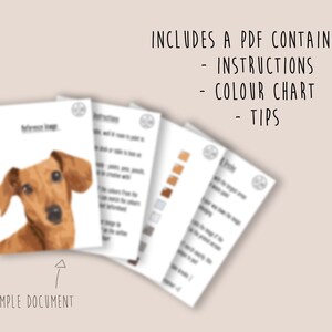 May include: A digital download of a PDF containing instructions, a color chart, and tips for creating a pixel art image of a dachshund.