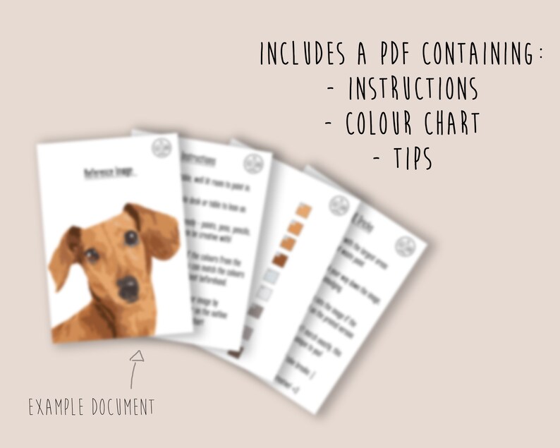 May include: A digital download of a PDF containing instructions, a color chart, and tips for creating a pixel art image of a dachshund.