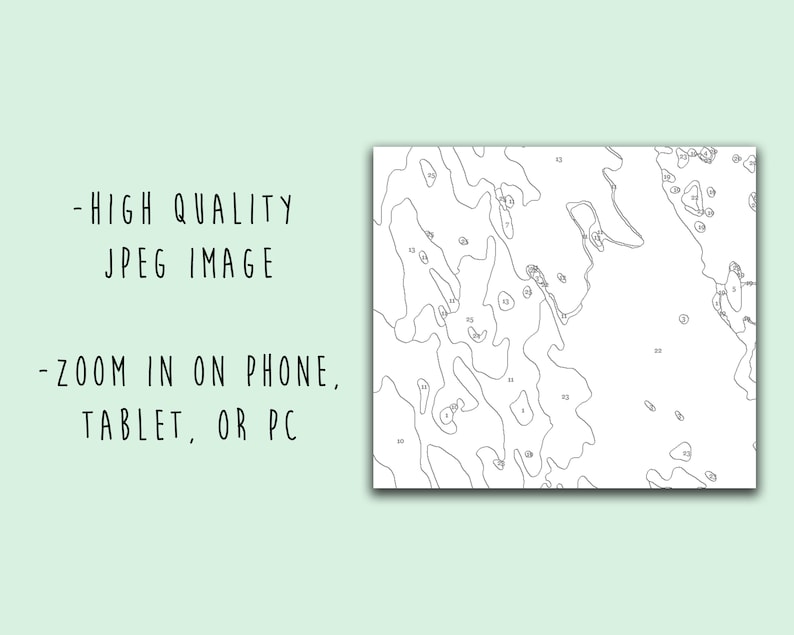 May include: Black and white line art coloring page with numbered sections. The image depicts a landscape with hills and valleys.