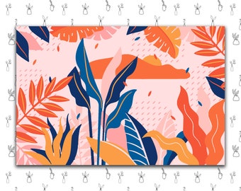 May include: Abstract tropical leaf pattern with a pink background. The leaves are in shades of orange, blue, and yellow.