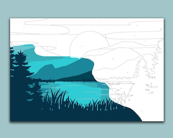May include: A paint by numbers kit featuring a landscape scene with a lake, mountains, and trees. The sky is a light blue with a white sun. The lake is a bright blue and the mountains are a dark blue. The trees are a dark green.