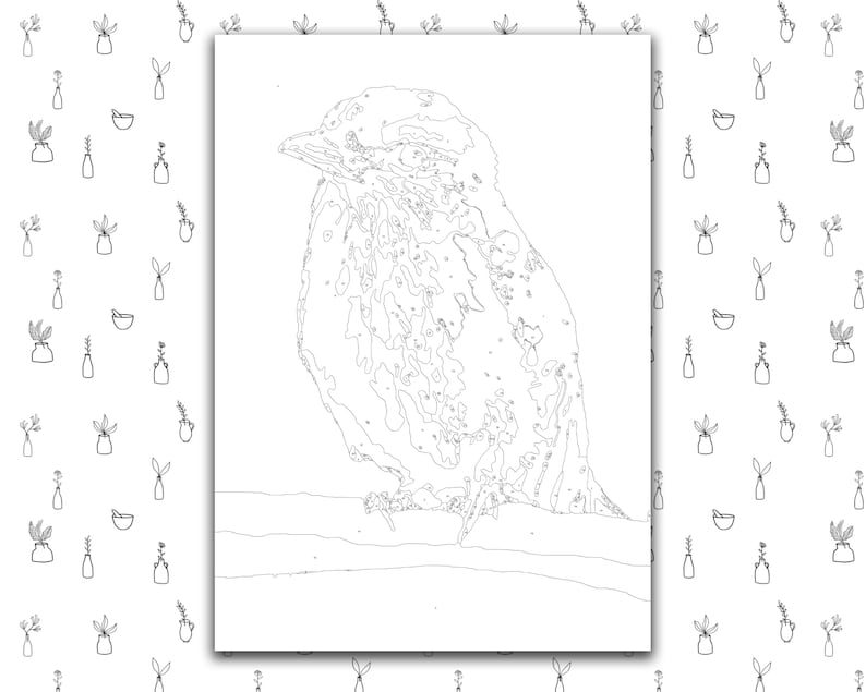 May include: A black and white line art drawing of a bird perched on a branch. The bird has a detailed, textured pattern on its feathers.
