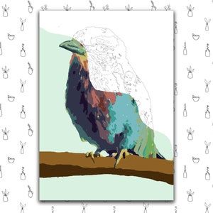 May include: A colorful painting of a bird perched on a branch. The bird has blue, green, and brown feathers. The background is a light blue.