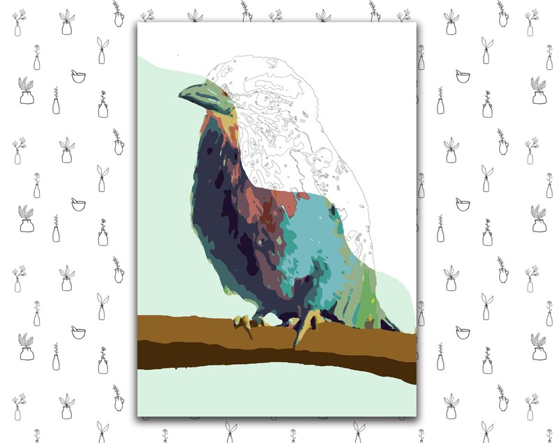 May include: A colorful painting of a bird perched on a branch. The bird has blue, green, and brown feathers. The background is a light blue.