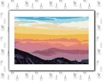 May include: A digital painting of a mountain range at sunset. The sky is a gradient of blue, yellow, orange, and pink. The mountains are layered in shades of purple, pink, and gray. A single figure stands on a peak in the foreground.