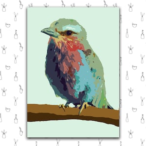 May include: A colorful painting of a blue bird perched on a branch. The bird has a green head, blue body, and pink accents. The background is a light blue.