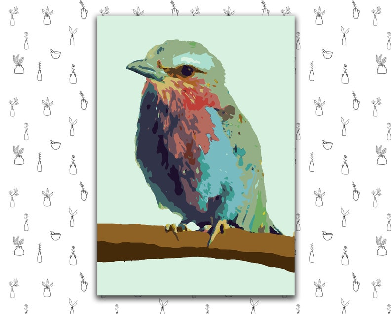 May include: A colorful painting of a blue bird perched on a branch. The bird has a green head, blue body, and pink accents. The background is a light blue.