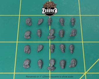 May include: A collection of 18 unpainted miniature heads, each with a unique expression and hairstyle. The heads are made of a gray plastic material and are approximately 1 inch (25mm) in size. The heads are arranged in a grid pattern on a green surface.  Rendered on 1" (25mm) squares to show scale.