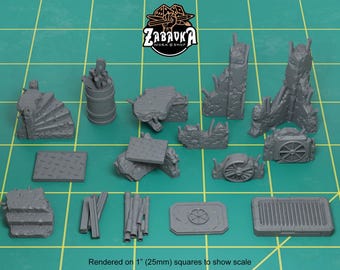 May include: A set of 11 grey resin miniature building ruins, rendered on 1 inch (25mm) squares to show scale. The ruins include walls, stairs, pipes, and a vent.