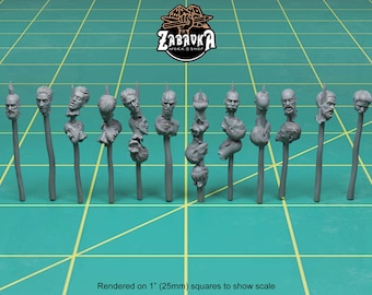 May include: A collection of 17 grey plastic miniature heads on sticks, rendered on 1 inch squares to show scale.