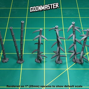 May include: Seven gray plastic miniature bamboo plants, rendered on 1" (25mm) squares to show default scale.  The plants are different heights and have varying numbers of stalks.