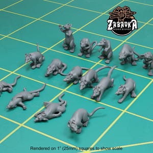 May include: A set of 12 gray plastic rat miniatures, rendered on 1-inch squares to show scale. The rats are in various poses, including standing, sitting, and running.  ZABAVKA WORK SHOP is printed on the image.