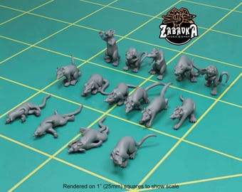 May include: A set of 12 gray plastic rat miniatures, rendered on 1-inch squares to show scale. The rats are in various poses, including standing, sitting, and running.  ZABAVKA WORK SHOP is printed on the image.