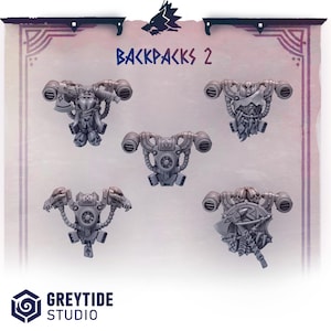 May include: Five gray miniature backpacks with various designs, including axes, shields, and mechanical elements. The text "BACKPACKS 2" is displayed above the items. The "GREYTIDE STUDIO" logo is at the bottom.