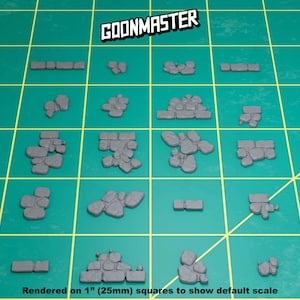 May include: A set of 16 grey 3D printed stone wall and rubble textures, rendered on 1" (25mm) squares to show default scale.  The textures are designed for use in tabletop games and miniature wargaming.