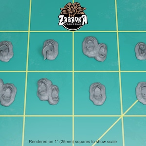 May include: Eight miniature, gray, 3D printed, resin, monster mouth models, each with sharp teeth, arranged on a green grid background.  Rendered on 1" (25mm) squares to show scale.