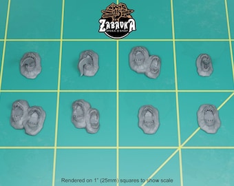 May include: Eight miniature, gray, 3D printed, resin, monster mouth models, each with sharp teeth, arranged on a green grid background.  Rendered on 1" (25mm) squares to show scale.