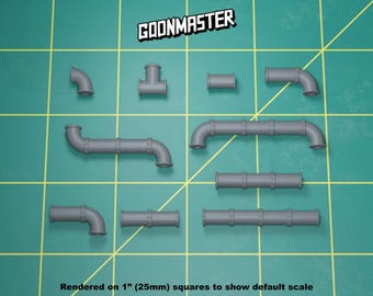 May include: A set of 10 gray plastic pipe pieces for model building. The pieces are various shapes and sizes, including straight, curved, and T-shaped pieces. The pieces are rendered on 1-inch squares to show the default scale.