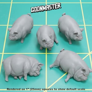 May include: Five gray pig figurines are arranged on a green grid. The text "GOONMASTER" is at the top. The text "Rendered on 1" (25mm) squares to show default scale" is at the bottom.