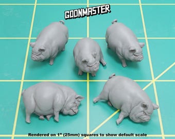 May include: Five gray pig figurines are arranged on a green grid. The text "GOONMASTER" is at the top. The text "Rendered on 1" (25mm) squares to show default scale" is at the bottom.