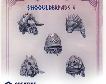 May include: Five gray shoulder pads with intricate designs, including horned and wolf-themed styles. The text "SHOULDERPADS 4" is displayed at the top. The GreyTide Studio logo is at the bottom.
