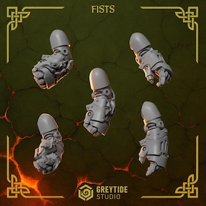 May include: Five gray, mechanical fist models with detailed armor plating and articulated fingers. The word "FISTS" is at the top, and the GreyTide Studio logo is at the bottom. The background is a dark, textured surface with gold decorative elements.