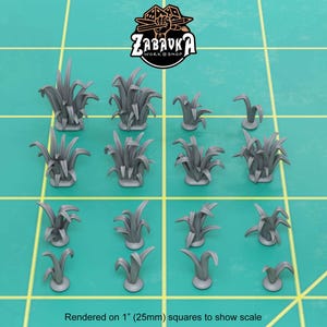 May include: A set of 15 grey plastic miniature grass tufts, rendered on 1 inch squares to show scale.  The tufts are designed for use in tabletop wargaming and miniature painting.