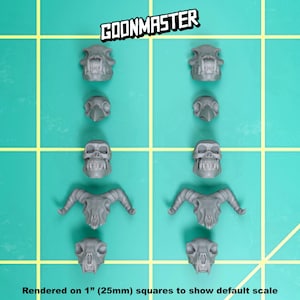 May include: A set of 10 grey plastic miniature skulls, some with horns, rendered on 1 inch squares to show scale.  The skulls are for use in tabletop games or as decorative pieces.