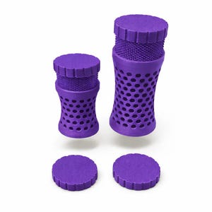 May include: Two purple, cylindrical objects with textured tops and perforated bodies, along with two matching circular lids. The larger cylinder has a more pronounced hourglass shape. The objects are likely components of a larger product.
