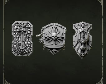 Eternal Pilgrims Shields Set #1 (3 bit pack) | Sculpts by Grey Tide Studio | Wargaming tabletop miniature Kitbash conversion Bitz