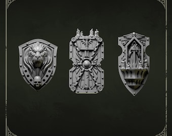 Eternal Pilgrims Shields Set #2 (3 bit pack) | Sculpts by Grey Tide Studio | Wargaming tabletop miniature Kitbash conversion Bitz