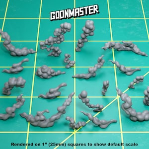 May include: A collection of gray, stylized smoke cloud models in various shapes and sizes. The text "GOONMASTER" is at the top, and the text "Rendered on 1" (25mm) squares to show default scale" is at the bottom. The models are arranged on a green grid.