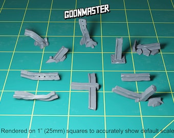 May include: A set of nine grey plastic model pieces, resembling broken metal beams and supports. The pieces are arranged on a green cutting mat, with the text "GOONMASTER" visible in the top center of the image. The image is labeled "Rendered on 1" (25mm) squares to accurately show default scale".