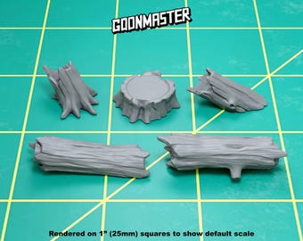 May include: A set of five gray resin miniature tree stumps and logs, rendered on 1" (25mm) squares to show default scale.