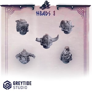 May include: Five gray miniature heads with various designs, including a wolf, horns, and helmets. The text "HEADS 1" is visible at the top. The GreyTide Studio logo is at the bottom.