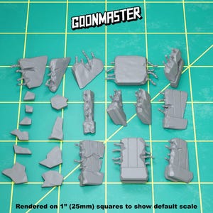 May include: A set of 15 grey resin 3D printed building ruins, perfect for tabletop gaming or model building. The ruins are rendered on 1" (25mm) squares to show the default scale.