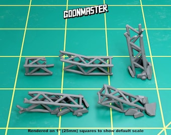 May include: Five gray plastic pieces of a model stage scaffolding kit. The pieces are arranged on a green grid surface.  Rendered on 1" (25mm) squares to show default scale.