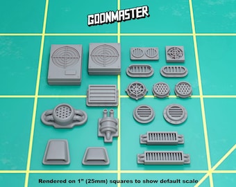 May include: A set of 15 grey plastic model parts for a sci-fi or fantasy miniature. The parts include vents, grates, and other details. The parts are rendered on 1-inch squares to show the default scale.  GOONMASTER