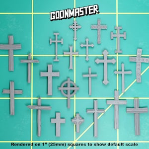 May include: A collection of 18 different cross designs, rendered on 1-inch squares to show scale. The crosses are all gray and are made of plastic.