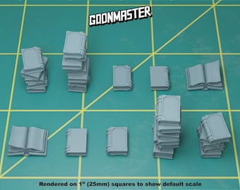 May include: A set of 10 gray miniature books, rendered on 1" (25mm) squares to show default scale.  The books are stacked in various configurations, including a single stack of 7 books, a stack of 5 books, and a stack of 3 books.  There are also 3 single books and a book with pages open.