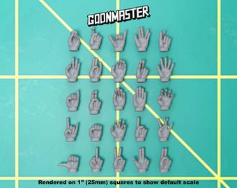 May include: A collection of twenty-five grey miniature hand models in various gestures, arranged in a grid on a teal background with yellow grid lines. The text GOONMASTER appears at the top, and Rendered on 1" (25mm) squares is at the bottom.