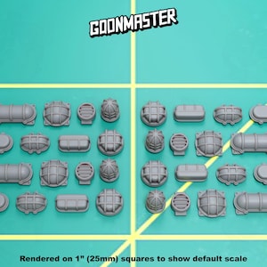 May include: A collection of grey miniature industrial light fixtures and vents arranged on a grid with 1-inch squares. The set includes various shapes like round, oval, and rectangular housings with protective cages. The text GOONMASTER is at the top.