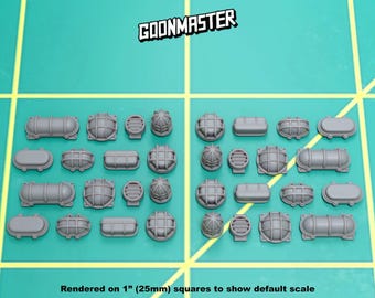 May include: A collection of grey miniature industrial light fixtures and vents arranged on a grid with 1-inch squares. The set includes various shapes like round, oval, and rectangular housings with protective cages. The text GOONMASTER is at the top.