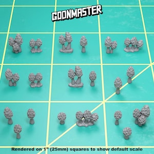 May include: A collection of gray miniature mushroom models arranged on a green grid. The text "GOONMASTER" is in the upper right corner. The text "Rendered on 1" (25mm) squares to show default scale" is at the bottom.