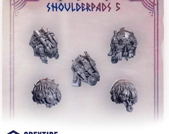 May include: Five gray shoulder pads with intricate designs are displayed against a light background. The text "SHOULDERPADS 5" is visible at the top. The Greytide Studio logo is at the bottom.