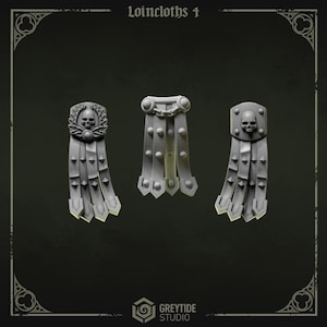 May include: Three gray loincloths with skull and laurel wreath details. Each loincloth has a different design, with studded and fringed elements. The text "Loincloths 4" is at the top, and the "GREYTIDE STUDIO" logo is at the bottom.