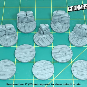 May include: Ten gray plastic miniature bases with sandbag fortifications, each measuring 1 inch (25 mm) in diameter. The bases are designed for tabletop wargaming and feature a textured surface to represent dirt and debris.