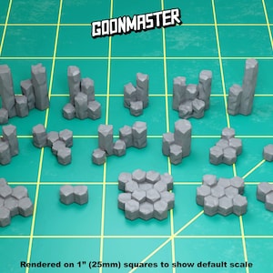 May include: A set of 15 grey 3D printed rock formations, including a variety of shapes and sizes, rendered on 1-inch squares to show the default scale.  The rocks are designed for use in tabletop games and miniature wargaming.