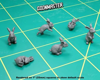 May include: A set of 6 grey rabbit figurines, each in a different pose, rendered on a green grid background. The figurines are approximately 1 inch (25mm) tall.