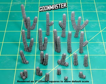 May include: A collection of gray miniature cactus models of various sizes, arranged on a green grid. The text "GOONMASTER" is at the top, and "Rendered on 1" (25mm) squares to show default scale" is at the bottom.